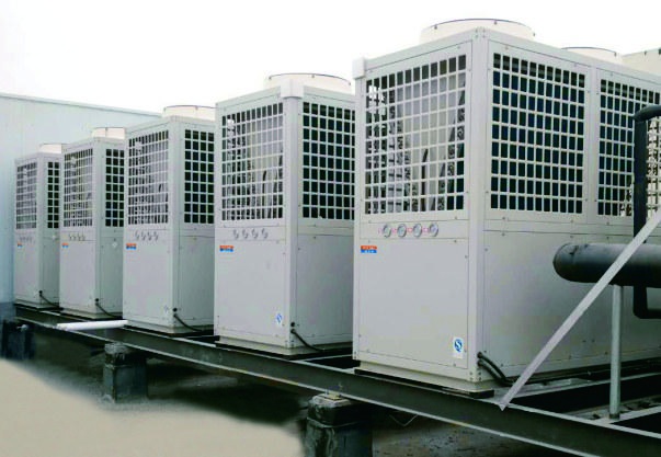 Several Snowfairy air-source heat pump units installed in a row